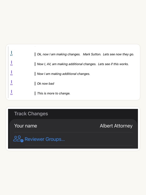 Initials in the margin showing who changed each paragraph, and the name set in Settings