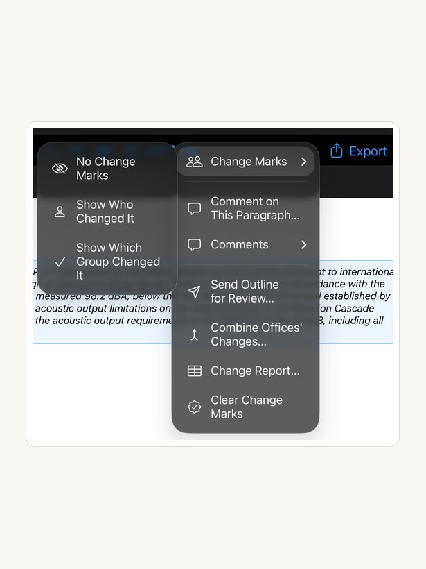 The Track Changes menu: change marks, comments, sending an outline for review, combining offices, and the change report