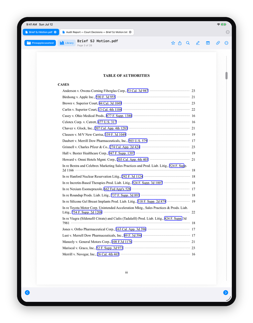 Case Linker on iPad showing a brief's Table of Authorities with every citation hyperlinked