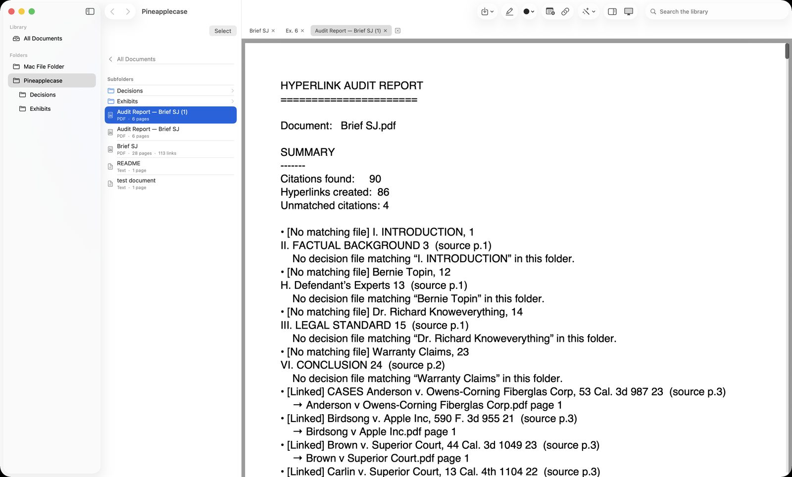 Hyperlink audit report listing every link Case Linker created