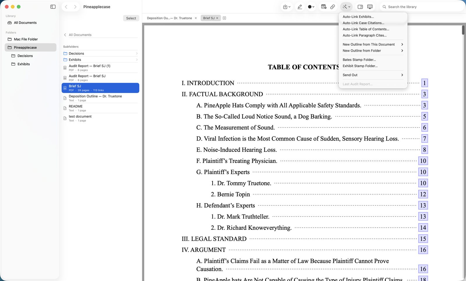 The Auto-Link menu in Case Linker for Mac, offering exhibits, case citations, table of contents, and paragraph cites