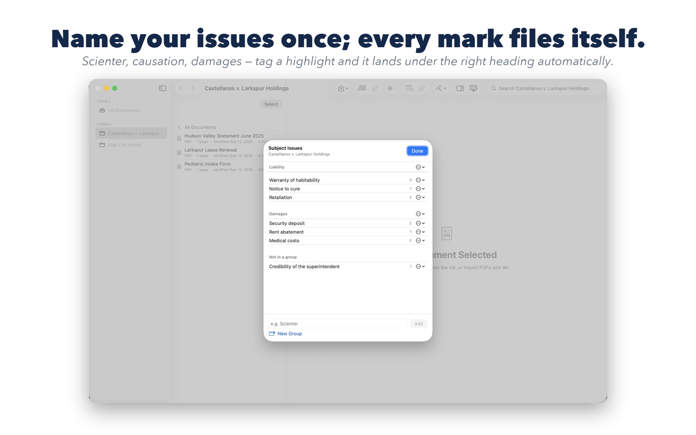 Name your issues once; every mark files itself