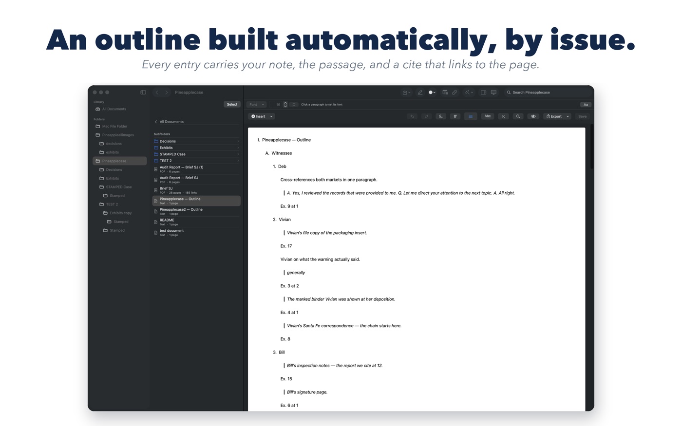 An outline built automatically, by issue