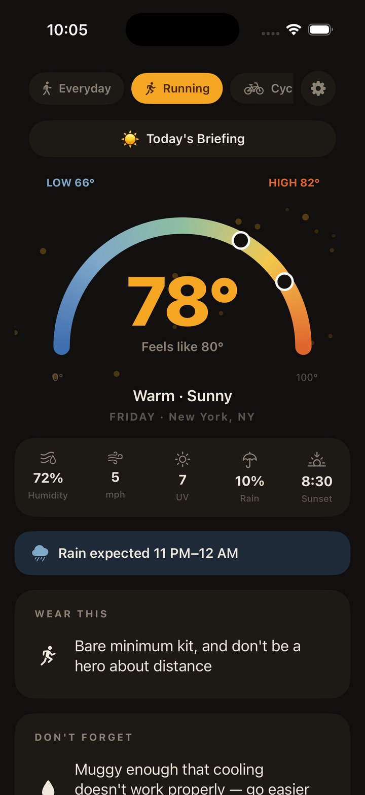 CloudBrew in Running mode, advising bare minimum kit and warning that humidity will make cooling harder.