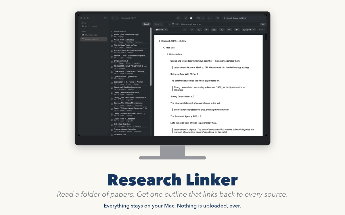 Research Linker on a Mac, showing an outline built from a folder of papers
